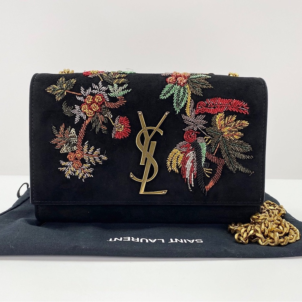 YSL Yves Saint Laurent Monogram Kate Chain Bag Black Suede Embroidered